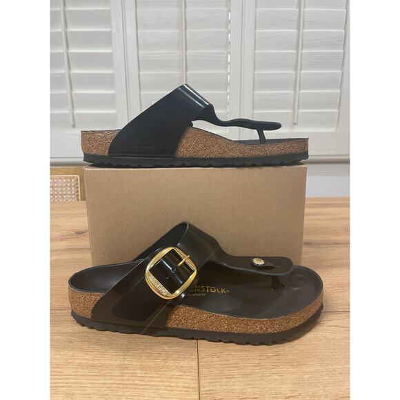 Birkenstock Women's Gizeh Big Buckle Slide Sandal Black Gold Size 8 39 EU NWOT - Picture 4 of 12